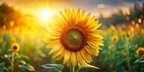 Obraz premium Vibrant Sunflower Field in July, Bokeh Background, Summer Bloom