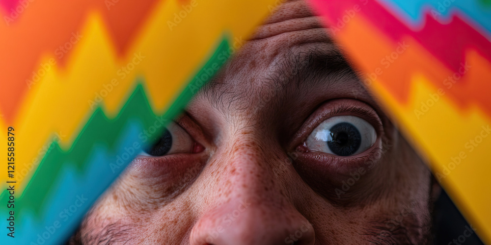 Poster close-up of man's eyes partially hidden by multicolored zigzag patterns