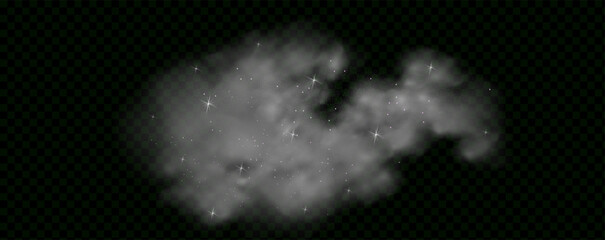 Mystery dark background with glowing particles, stardust, and glittering stars, creating a colorful, ethereal fog. Vector illustration with vibrant, multicolored steam and vapor.