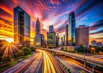 Fototapeta premium Vibrant Sunset Cityscape: Long Exposure Modern City Panorama