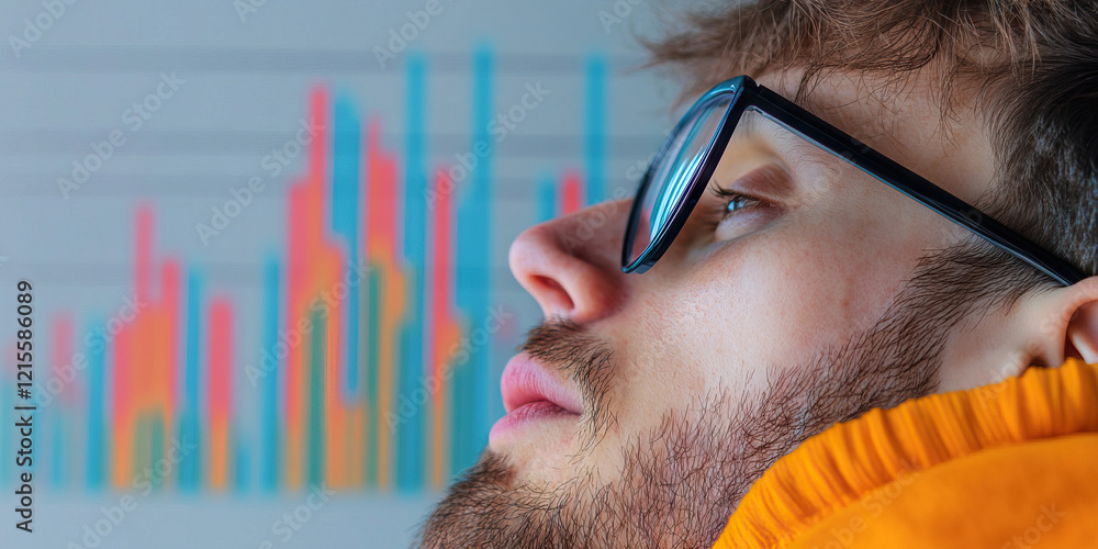 Poster man with glasses observing bar chart data