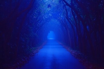 In the heart of a cold, foggy autumn forest, a winding, blue-toned footpath stretches between ancient, high trees