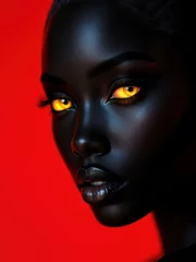 Enigmatic Glow: A Striking Portrait of a Woman with Glowing Amber Eyes Against a Vivid Red Background, Evoking Power and Mystique   © Kilidius