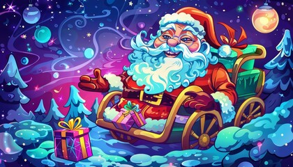 Obraz premium Santa Claus in a wheelchair, smiling, surrounded by presents and a wintery forest scene.