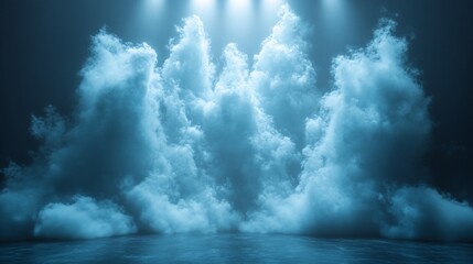Blue clouds illuminated by spotlights on dark background.