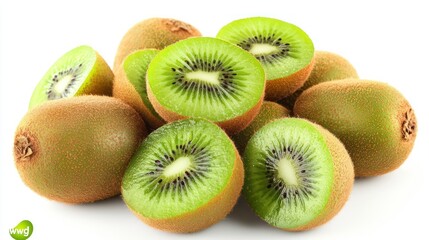 Fototapeta premium A collection of whole and sliced kiwifruits showcasing their vibrant green interior.