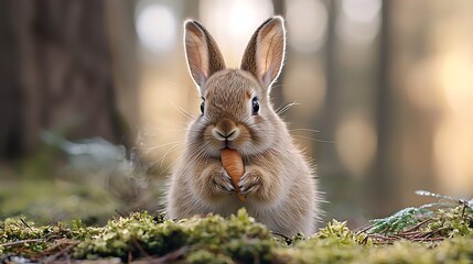 Fototapeta premium Cute bunny eating carrot in forest