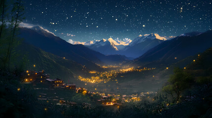 Night mountain valley starry sky landscape, twinkling lights, travel poster. Heavenly Valley. Illustration