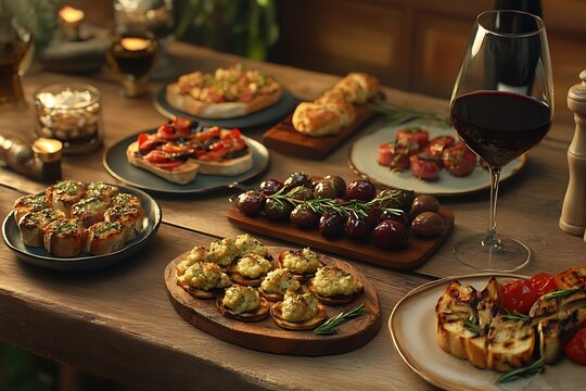 A spread of tapas-style dishes on a rustic wooden table, including bruschetta, marinated olives, grilled vegetables, and a small plate of risotto balls, accompanied by red wine. - Powered by Adobe