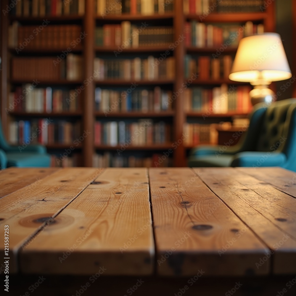 Poster wooden table in a library setting. bookshelves filled with books blur in the background, creating a 