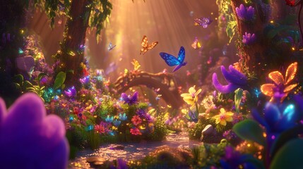 In this enchanting forest city, fairies reside among magical glowing flora and ancient, mossy trees. Amidst these wonders, houses with shining windows stand, and butterflies and fireflies soar