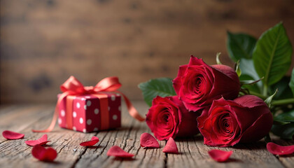 Red box with a red bow sits on a wooden table. Three red roses are placed on the table, with some petals scattered around them. Concept of love and romance, as the roses