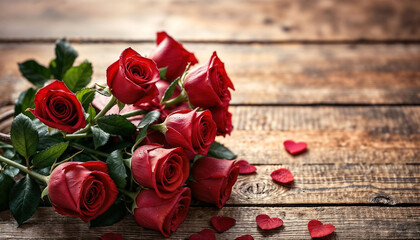 Bouquet of red roses is placed on a wooden table. The roses are arranged in a way that they are all facing the same direction, creating a sense of unity and harmony