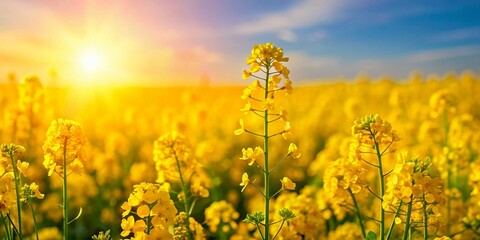Obraz premium Vibrant Yellow Rapeseed Flowers Blooming in Field, Copy Space