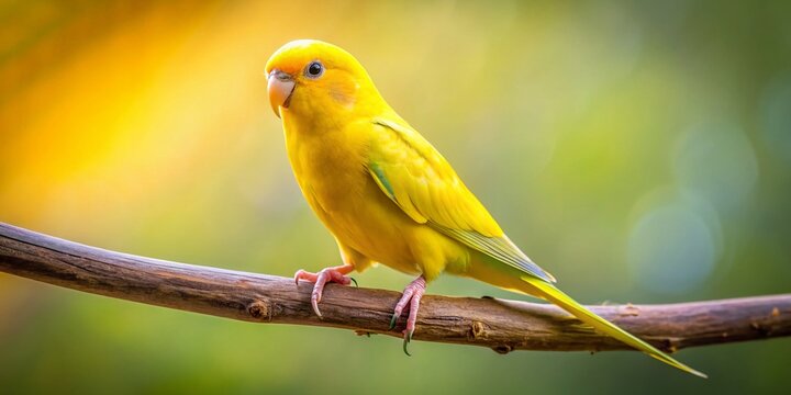 Vibrant Yellow Parakeet Perched on a Twig - Stock Photo