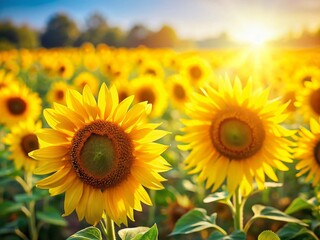 Obraz premium Vibrant Yellow Sunflowers Blooming in a Summer Meadow Field