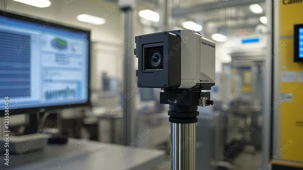Poster high tech digital camera mounted on a stand, recording data in a modern laboratory with a computer m