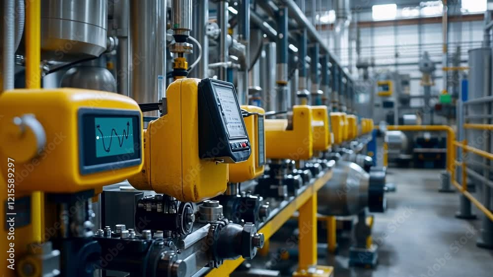 Poster control system monitors industrial production process, with digital display showing sine wave, ensur