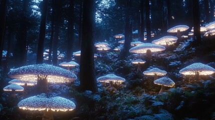 Fototapeta premium In a realm of enchantment, the forest sparkles with the soft glow of bioluminescent fungi, where mythical beings roam and ancient oaks stand tall, surrounded by a mystical energy