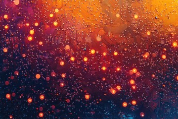 Intricate circuit board with glowing components, vibrant red and orange hues, technological background.