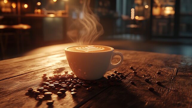 A steaming latte cup with rosetta art, surrounded by coffee beans, on a rustic wooden table. The soft lighting and warm tones add to the cozy and relaxed vibe of the coffee shop.