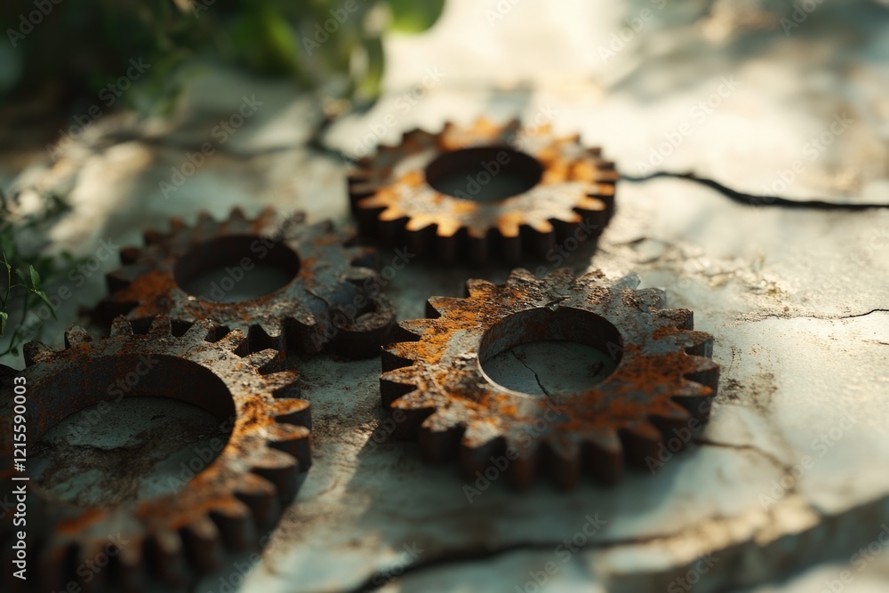 Poster rusty gears rest on a weathered surface, hinting at age and forgotten machinery.