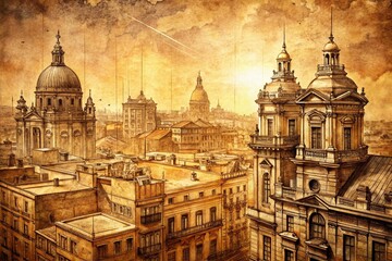 Obraz premium Vintage Cityscape Drawing Backdrop: Retro Urban Sketch Illustration