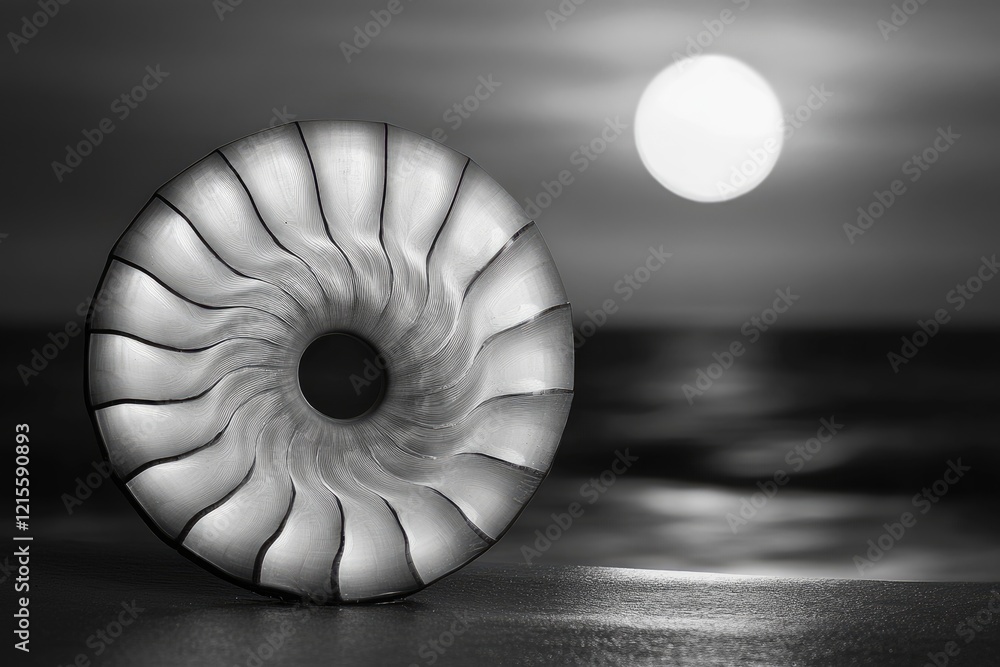 Aufkleber circular object with radial lines rests on a dark surface against a moonlit ocean.