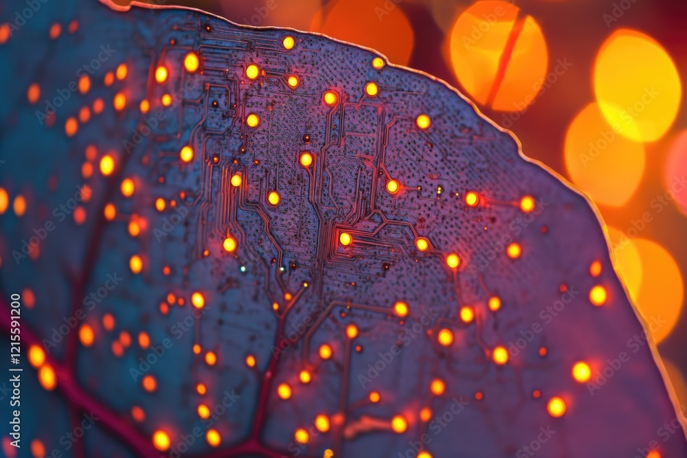 Aufkleber close-up of illuminated circuit board resembling a leaf, showcasing intricate circuitry and glowing 