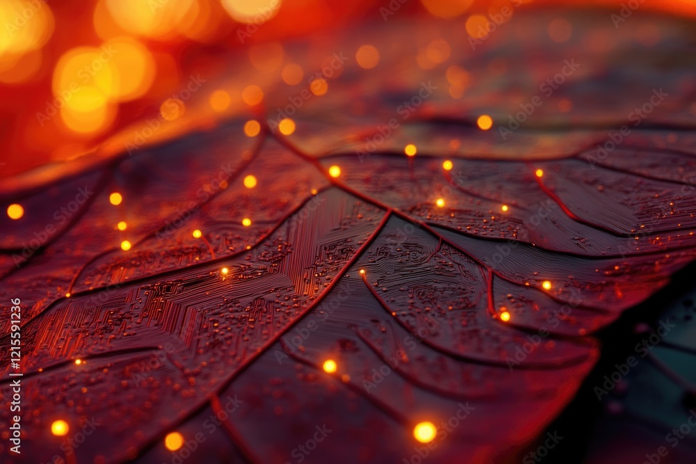 Poster abstract image of a leaf-like structure with circuit board patterns illuminated by warm, glowing lig