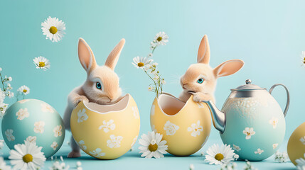 Obraz premium Adorable Easter illustration of fluffy white bunnies inside decorated eggs. One bunny playfully pours water from a tiny watering can, creating a whimsical and magical spring scene.