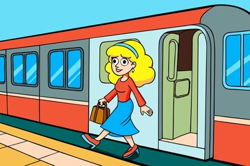 Arrival.Cute blonde girl getting off the train after trip