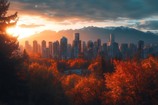 A stunning cityscape at sunset, with a sweeping view of autumn-colored mountains in the distance.