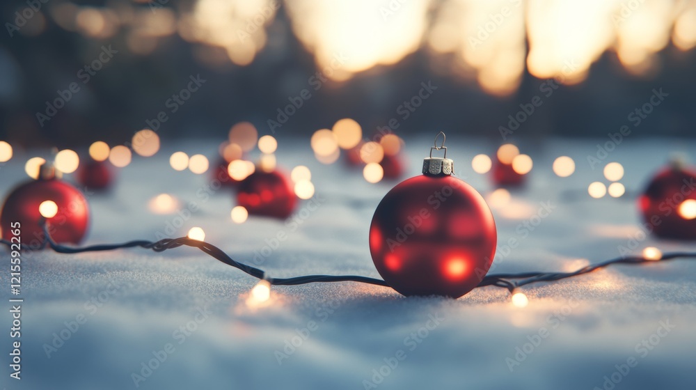 Poster snow-covered fir trees illuminated by red and white string lights, along with falling snow, create a