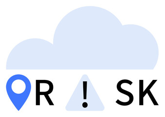 Cloud symbol above word Risk with location pin and exclamation mark icons. Ideal for cloud computing, data protection, risk management, cybersecurity, IT services, tech companies, online safety. Line