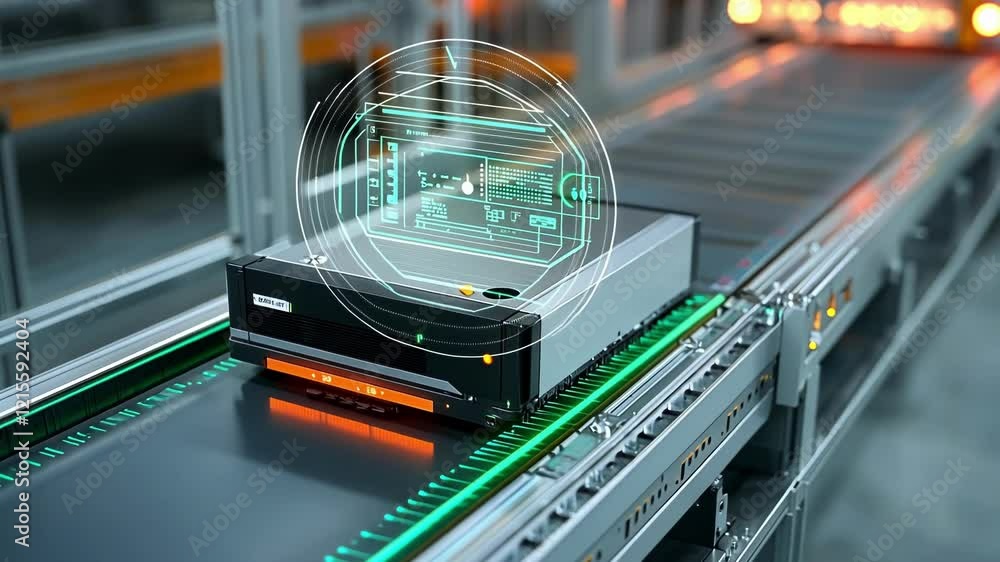 Poster server moving on an assembly line showing diagnostics with augmented reality interface in a futurist