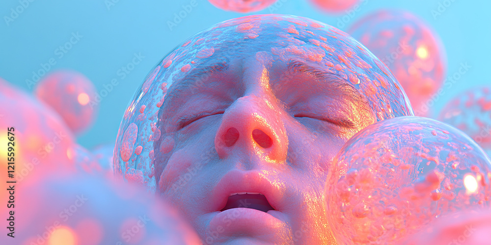Poster digital rendering of face enclosed in translucent sphere with surrounding spheres