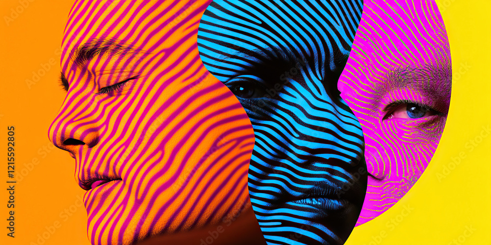 Poster abstract portrait triptych with interlocking striped patterns