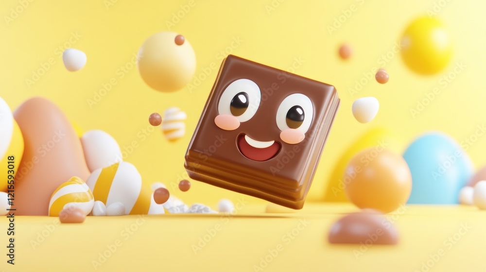 Poster Happy chocolate square cartoon character floating among colorful abstract shapes on yellow background.