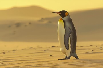 Obraz premium A majestic Emperor penguin stands gracefully on a sand in desert.