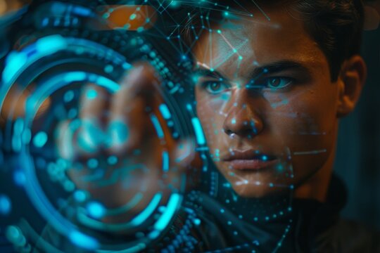 A young man interacts with a futuristic interface, his fingertip touching a glowing blue circle, lines of data flowing around him.