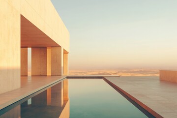 Minimalist desert architecture with infinity pool reflecting building's structure at sunset.
