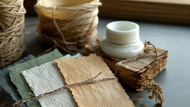 Stack of colorful textured handmade paper cards tied with twine resting on dark background with candle, dried flowers, and spool of twine, creating a rustic and artistic scene