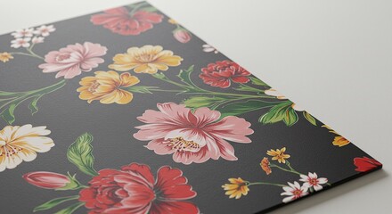 Delicate Floral Arrangement - Vibrant Flowers and Leaves Illustrated on Black Canvas, Perfect for Textile and Stationery.