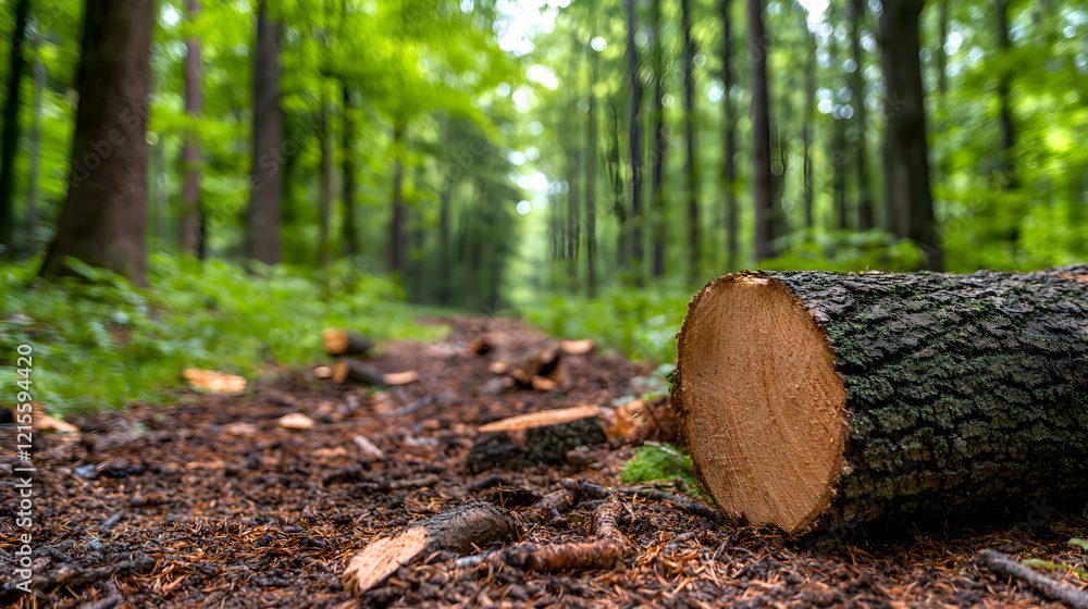 Poster a large log is lying on the ground in a forest