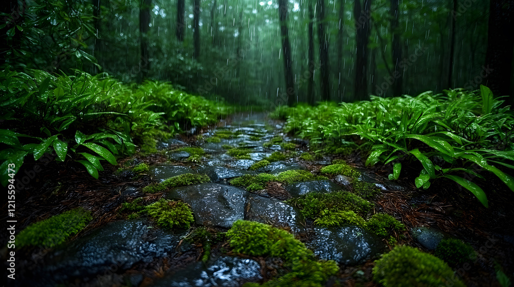 Poster a path through a forest with moss and rain