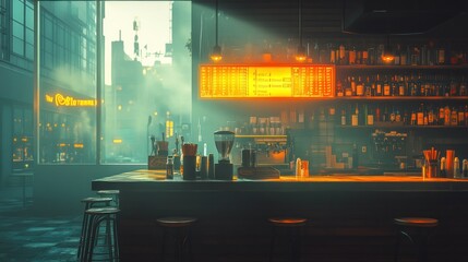 City cafe bar sunrise morning empty