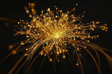 Golden firework fireworks pyrotechnics on dark black night sky.