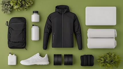 Fitness Gear Flat Lay. Workout equipment, clothing and essentials on green backdrop. Use for fitness website