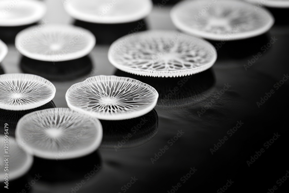 Poster close-up of translucent, circular objects resembling delicate, bioluminescent mushrooms on a dark su